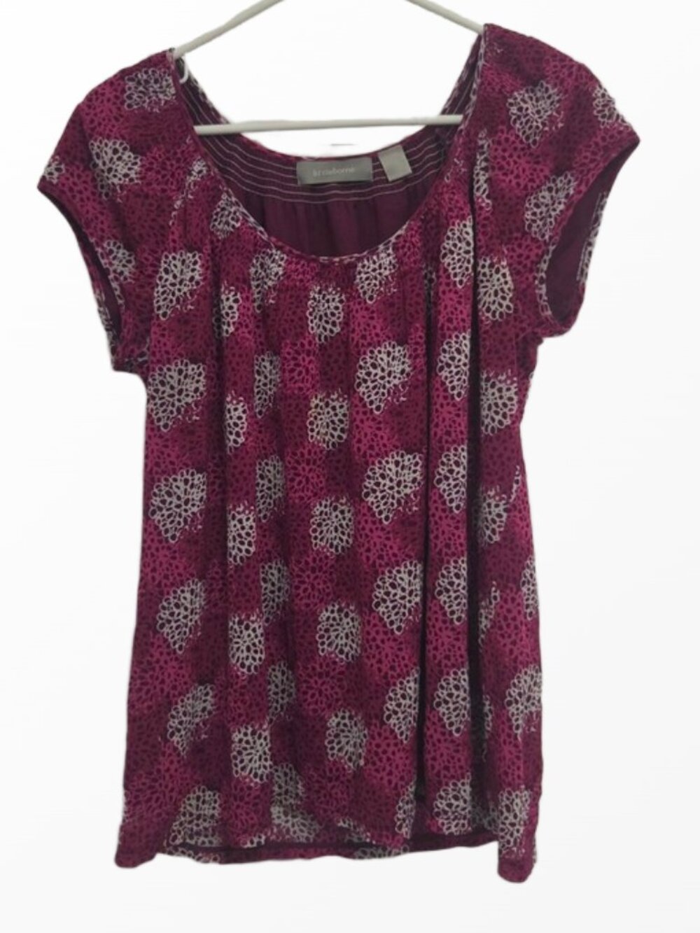 Liz Claiborne Magenta & White Ditsy Geometric Scoop Neck Pleated Peasant Top XL